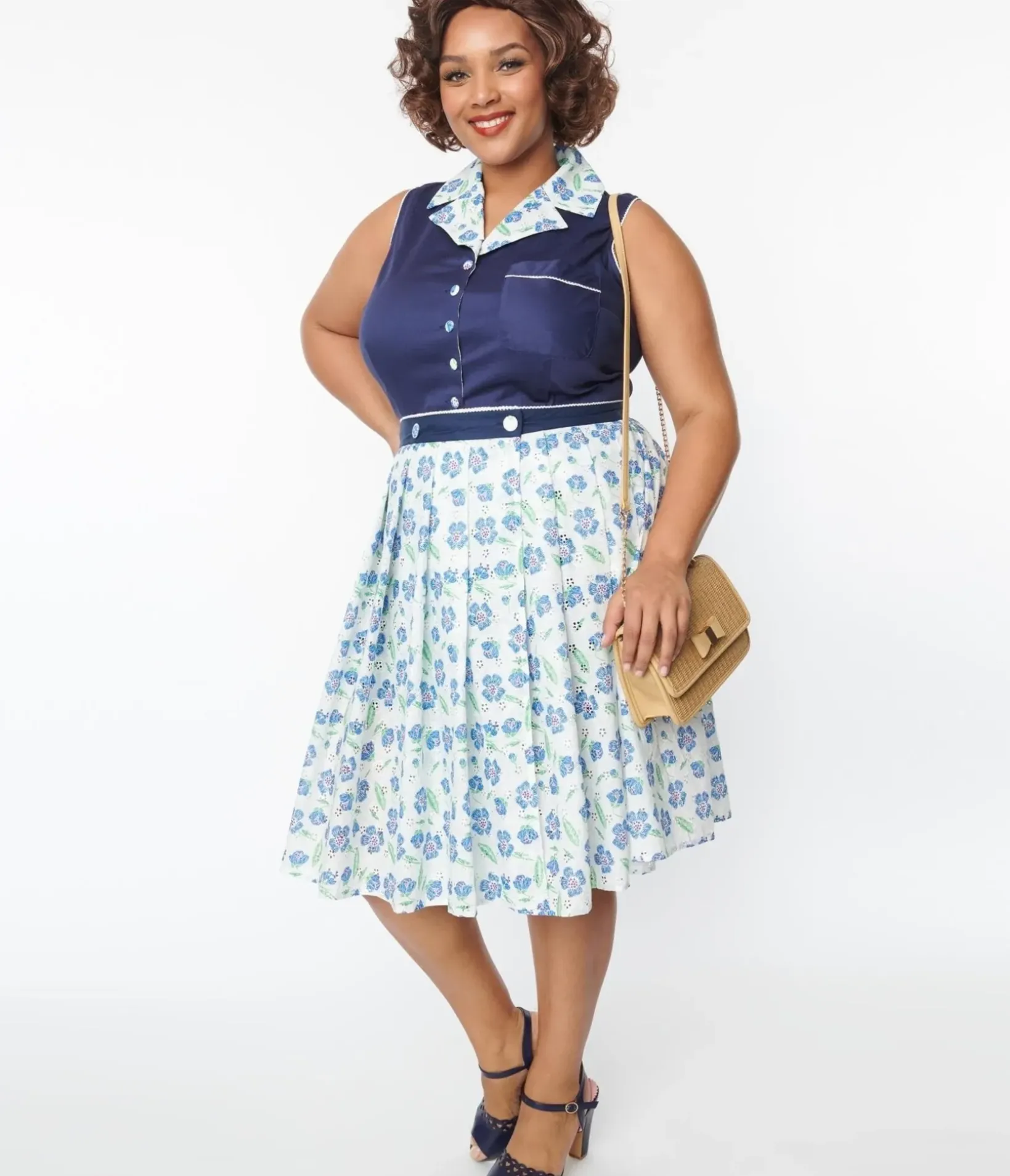 Unique Vintage Skirts|Skirts>Plus Size White & Blue Floral Eyelet Collins Wrap Swing Skirt