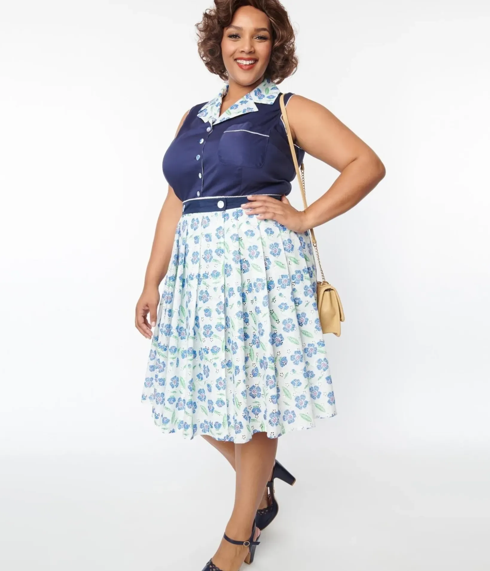 Unique Vintage Skirts|Skirts>Plus Size White & Blue Floral Eyelet Collins Wrap Swing Skirt