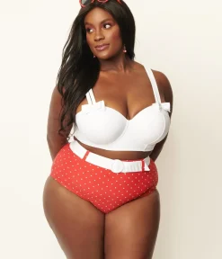 Unique Vintage Two Piece Swim|Swim Tops>Plus Size White Bowed Over Swim Top