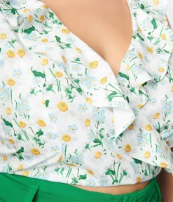 Unique Vintage Fit & Flare|Everyday Dresses>Plus Size White Daisy Print Sleeveless Blouse