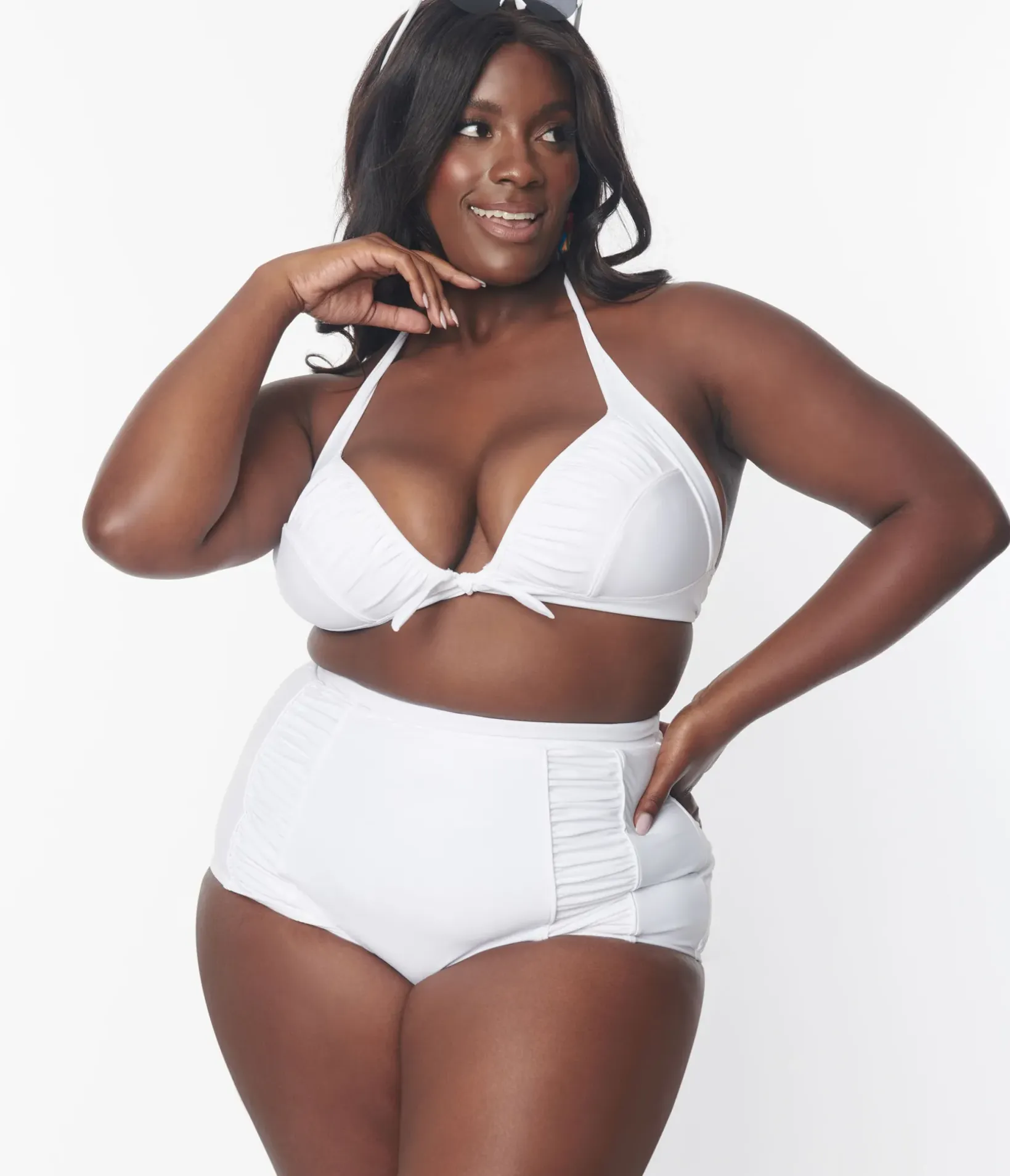 Unique Vintage Two Piece Swim|Swim Tops>Plus Size White Halter Swim Top