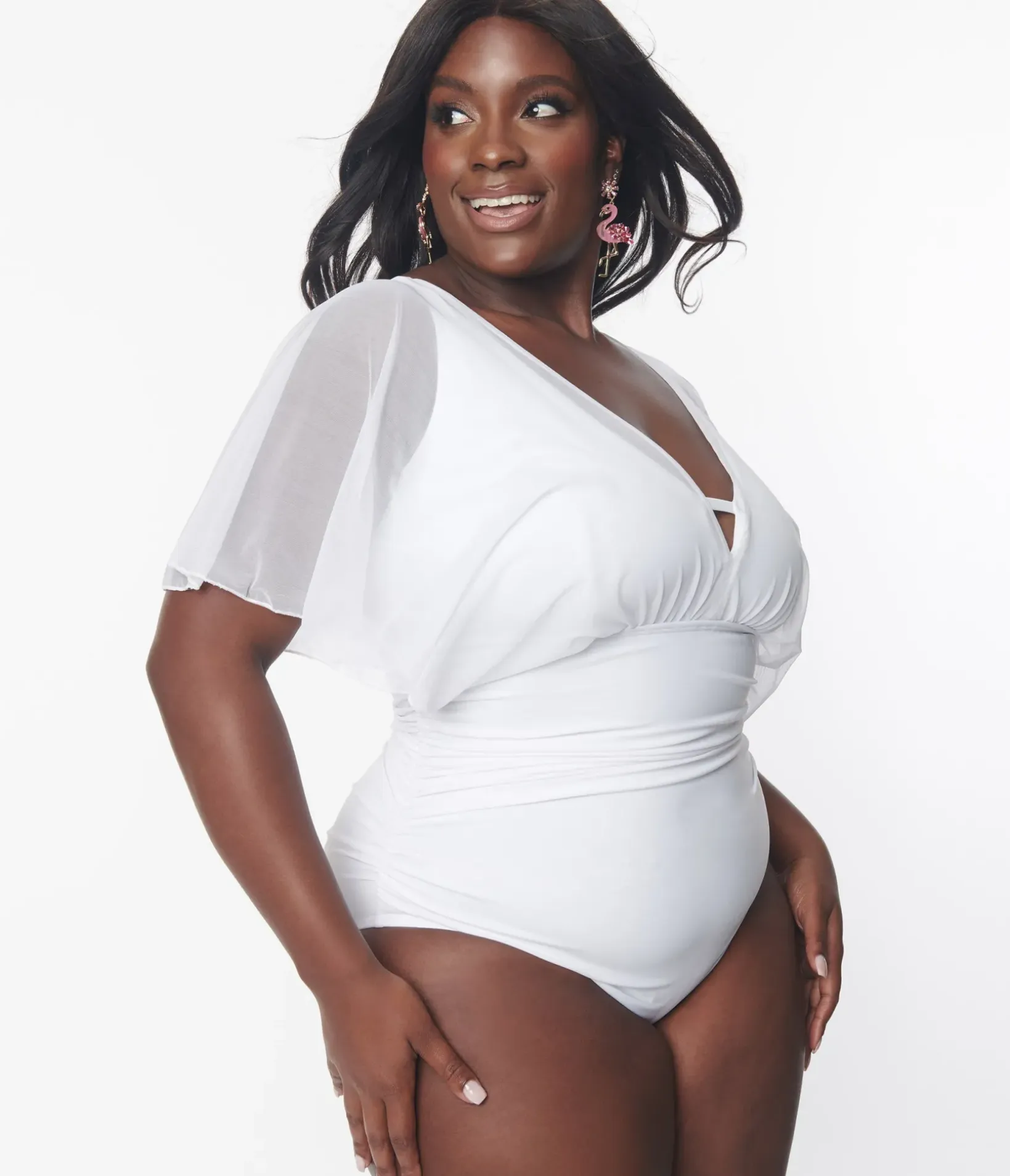 Unique Vintage One Piece Swim|One Piece Swim>Plus Size White Mesh Sleeved Torrey Swimsuit