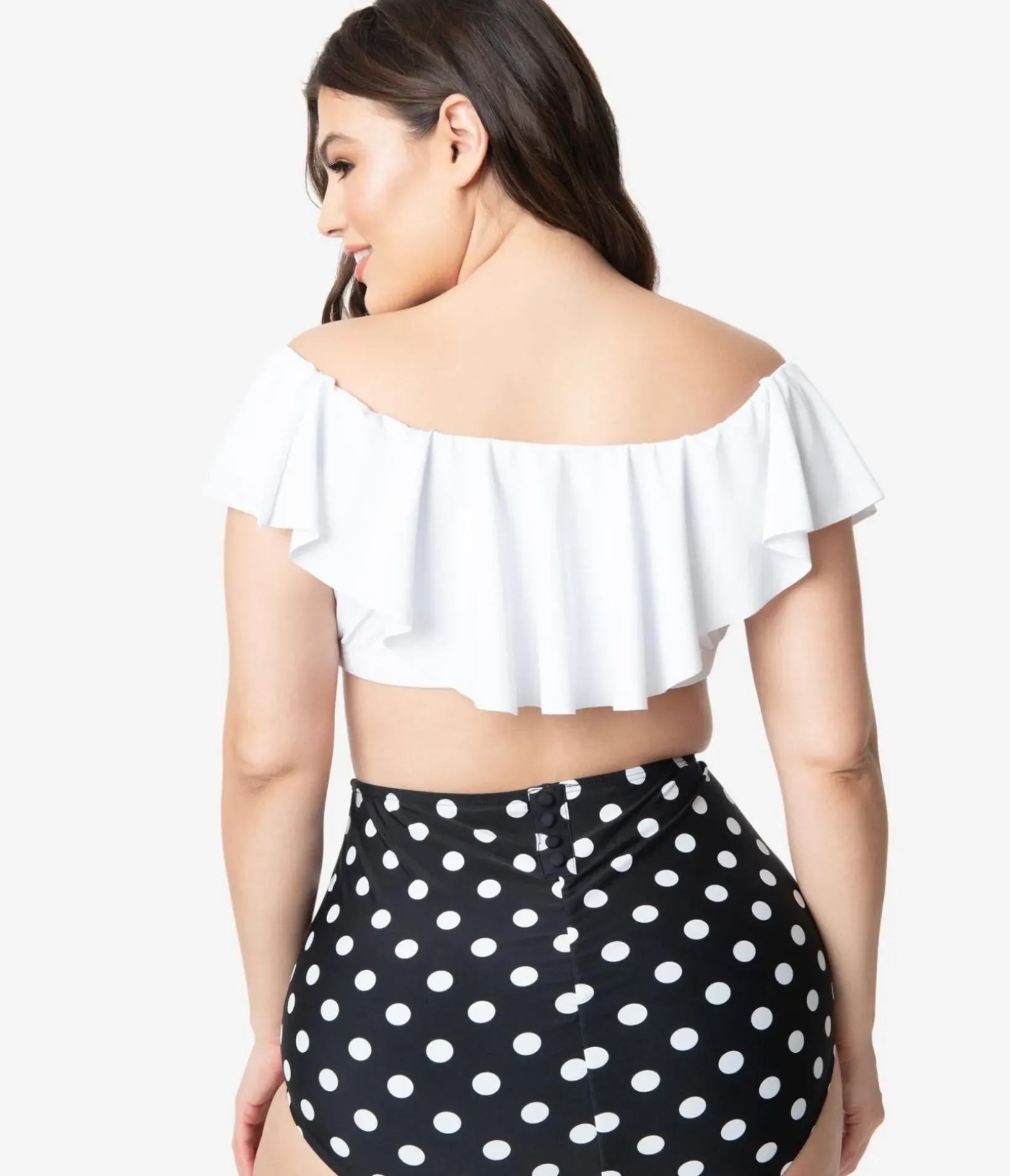 Unique Vintage Two Piece Swim|Swim Tops>Plus Size White Ruffled Ramona Swim Top