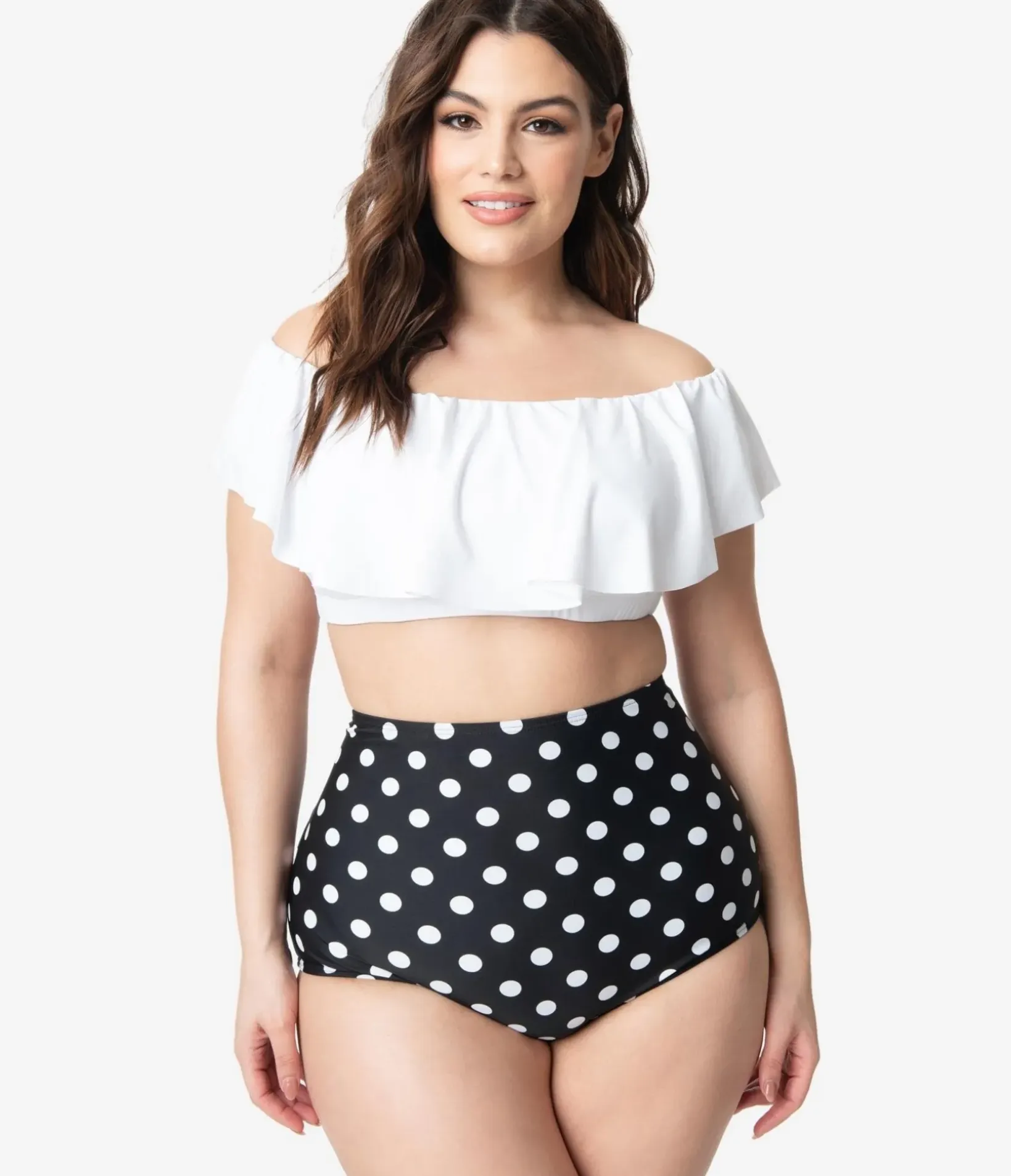 Unique Vintage Two Piece Swim|Swim Tops>Plus Size White Ruffled Ramona Swim Top