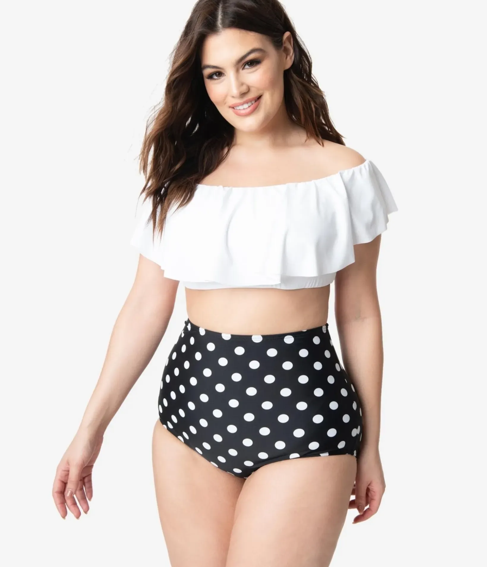 Unique Vintage Two Piece Swim|Swim Tops>Plus Size White Ruffled Ramona Swim Top