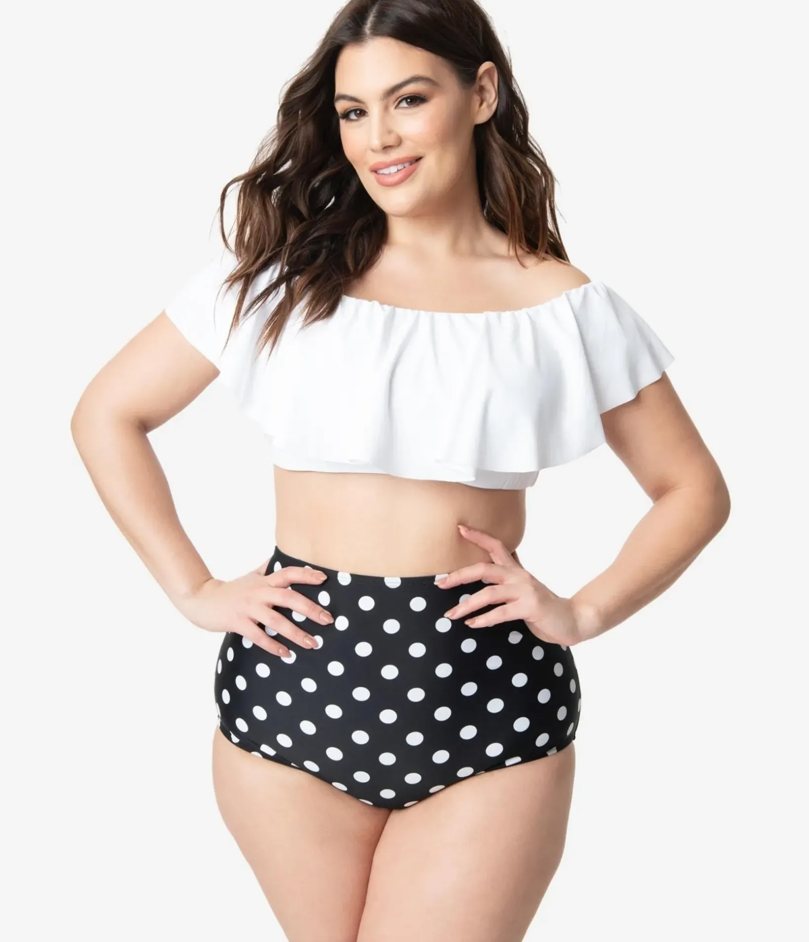 Unique Vintage Two Piece Swim|Swim Tops>Plus Size White Ruffled Ramona Swim Top