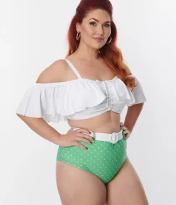 Unique Vintage Two Piece Swim|Swim Tops>Plus Size White Ruffle Swim Top