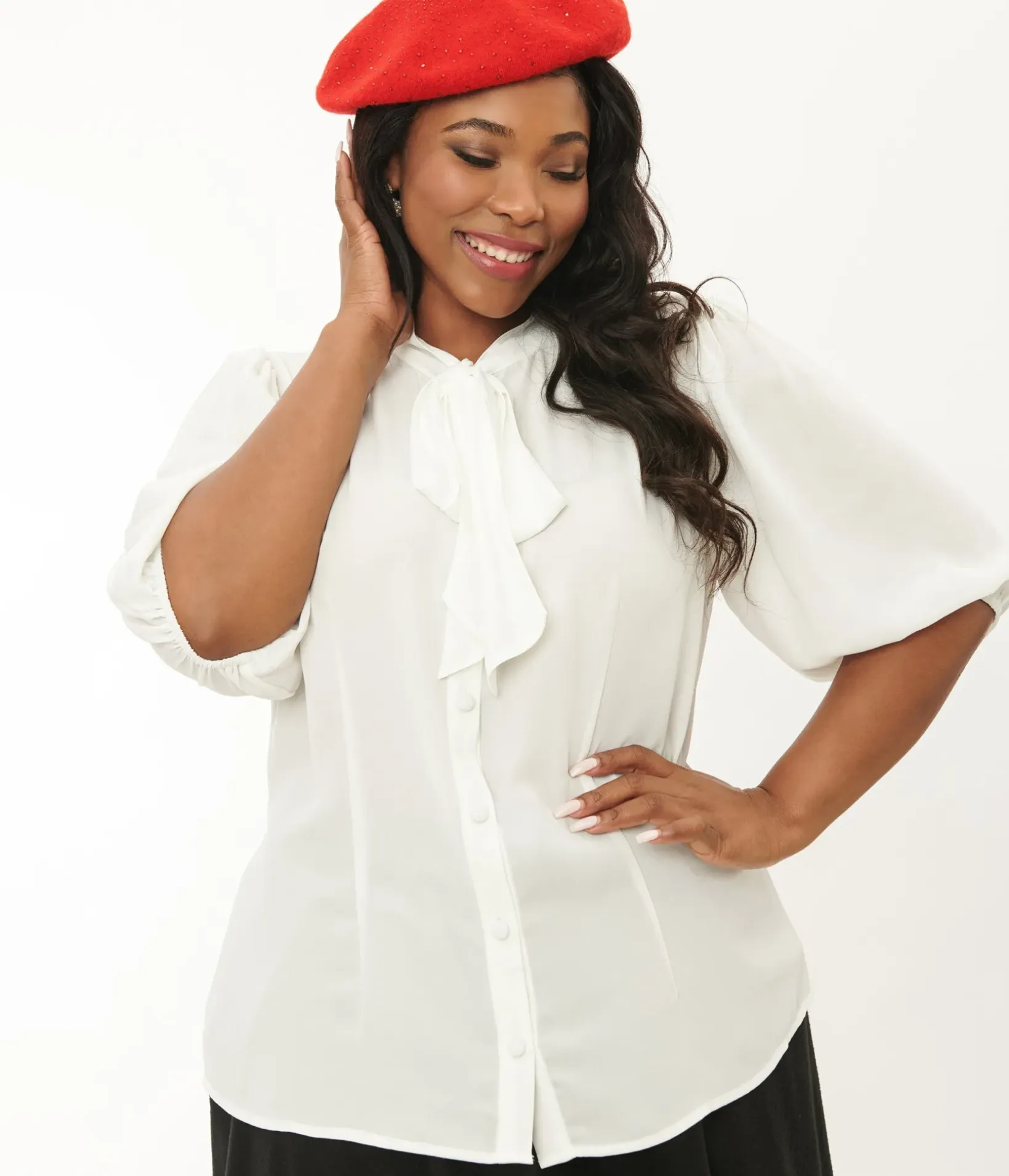 Unique Vintage Blouses|Blouses>Plus Size White Tie Neck Gwen Blouse