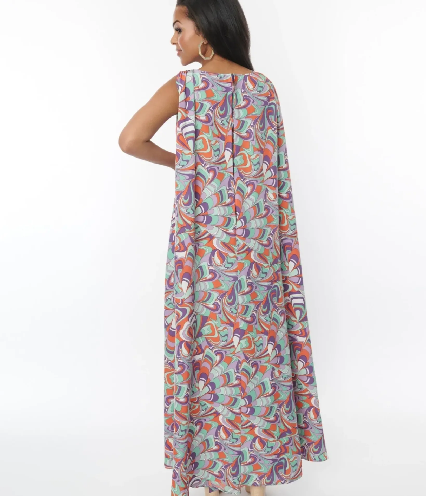 Unique Vintage Maxi|Everyday Dresses>Purple & Mint Psychedelic Wave Print Cape Maxi Dress