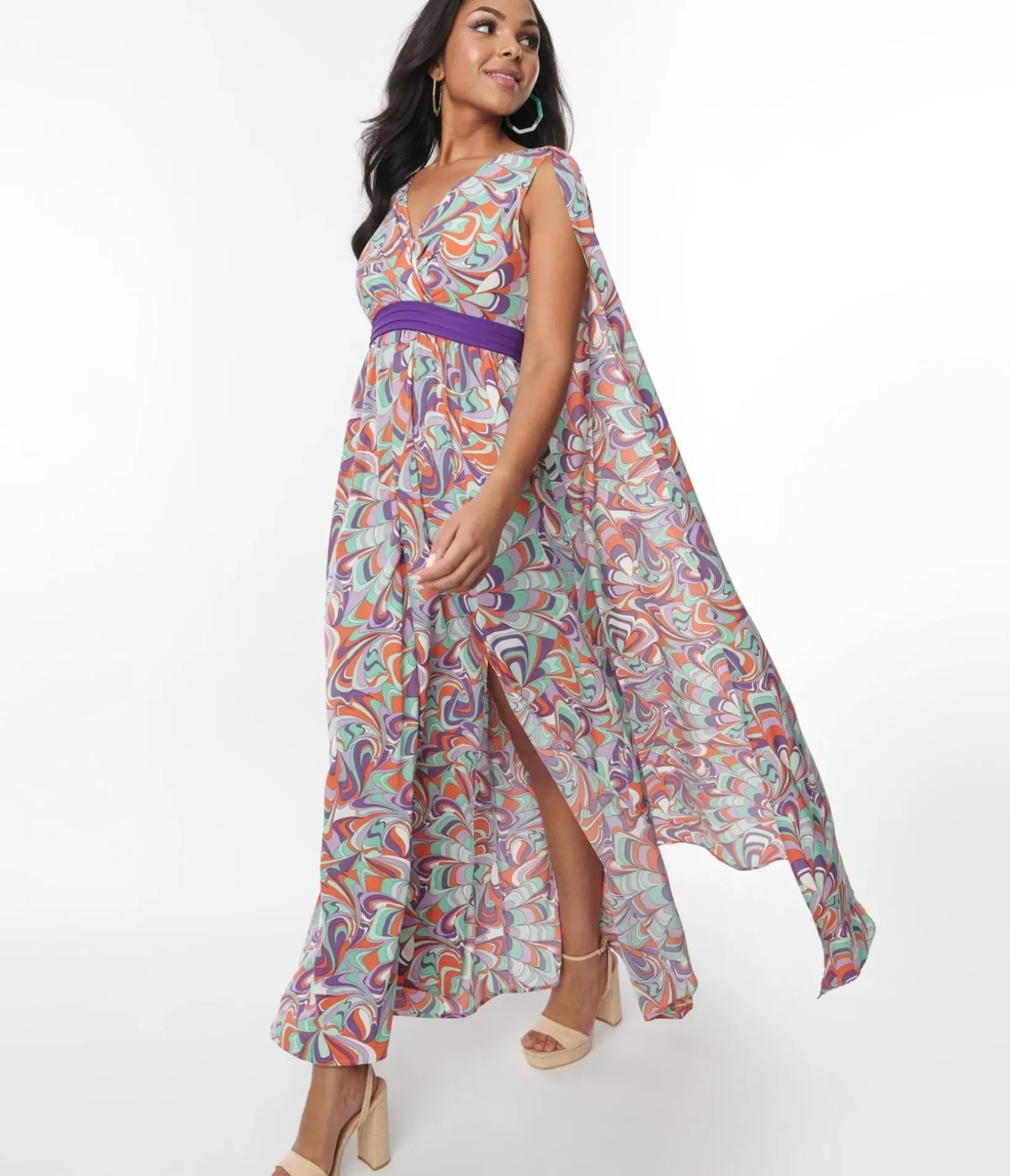 Unique Vintage Maxi|Everyday Dresses>Purple & Mint Psychedelic Wave Print Cape Maxi Dress