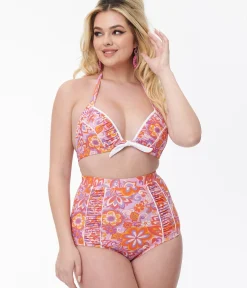 Unique Vintage Swim Tops|Two Piece Swim>Purple & Orange Bohemian Floral Print Halter Swim Top