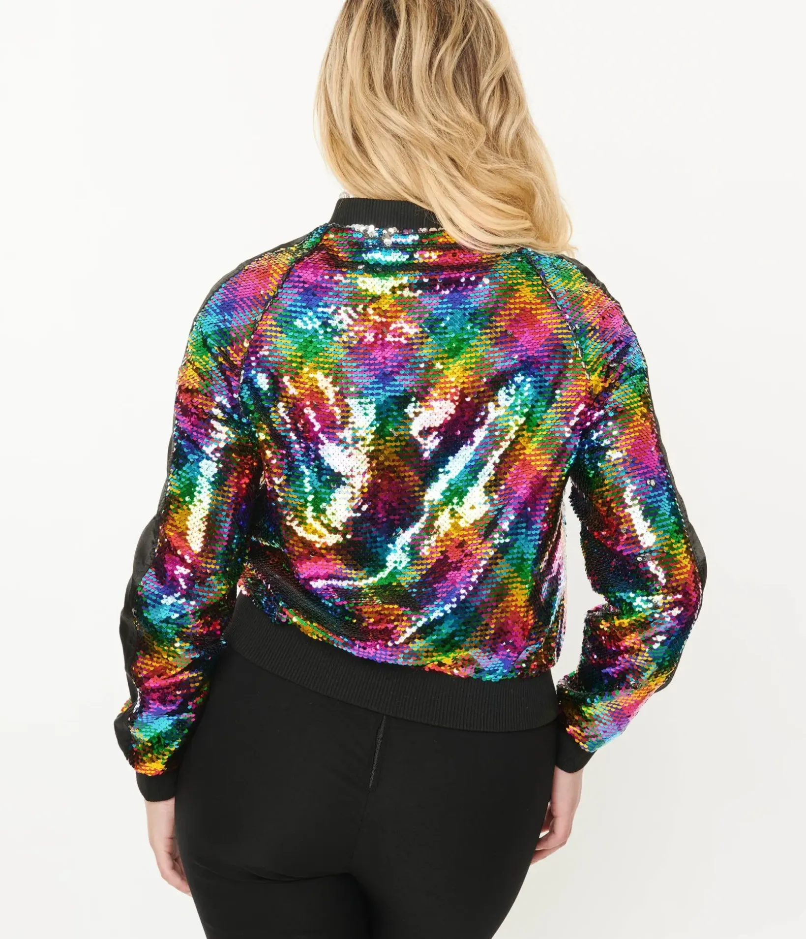 Unique Vintage Coats & Jackets|Pride>Rainbow Sequin Satin Bomber Jacket
