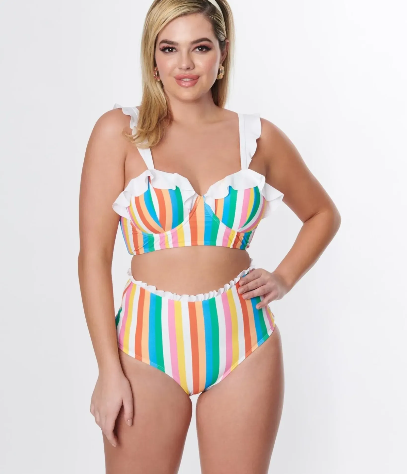Unique Vintage Swim Tops>Rainbow Striped Southampton Swim Top