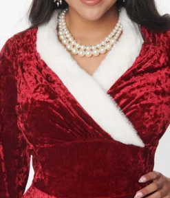Unique Vintage Swing|Swing>Red Crushed Velvet & Ivory Fur Delores Swing Dress