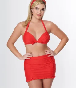 Unique Vintage Swim Bottoms|Two Piece Swim>Red Drawstring Ruffle Skirt