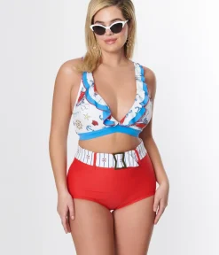 Unique Vintage Swim Bottoms|Two Piece Swim>Red High Waist Belted Swim Bottom