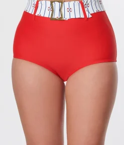 Unique Vintage Swim Bottoms|Two Piece Swim>Red High Waist Belted Swim Bottom