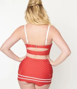 Unique Vintage Swim Tops|Two Piece Swim>Red Pin Dot Lace Up Swim Top