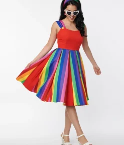 Unique Vintage Swing|Everyday Dresses>Red & Rainbow Stripe Swing Dress