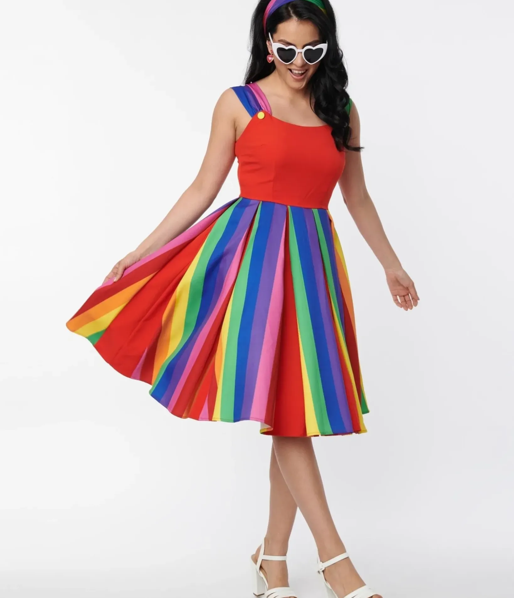 Unique Vintage Swing|Everyday Dresses>Red & Rainbow Stripe Swing Dress