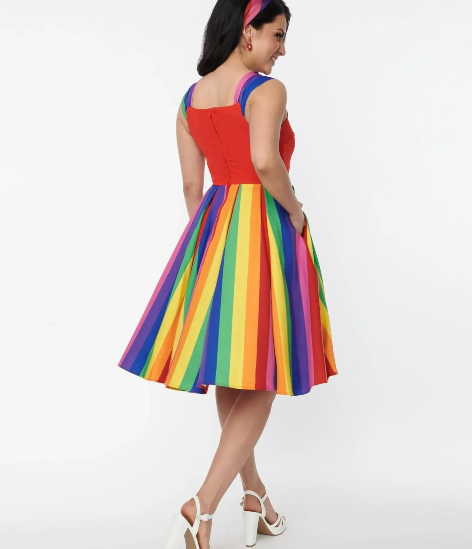 Unique Vintage Swing|Everyday Dresses>Red & Rainbow Stripe Swing Dress