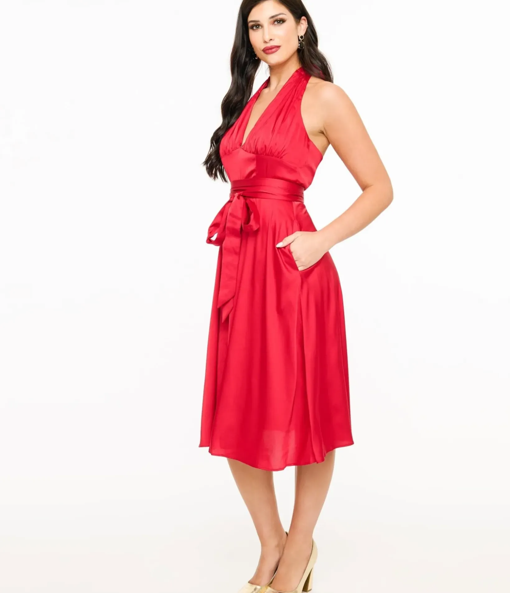 Unique Vintage Swing|Pocket Dresses>Red Satin Halter Swing Dress