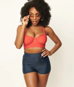 Unique Vintage All Things Red>Red & White Pin Dot Marlene Crop Swim Top