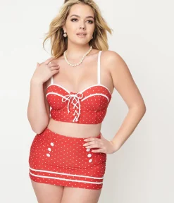 Unique Vintage Swim Bottoms|Two Piece Swim>Red & White Pin Dot Sailor Swim Bottom
