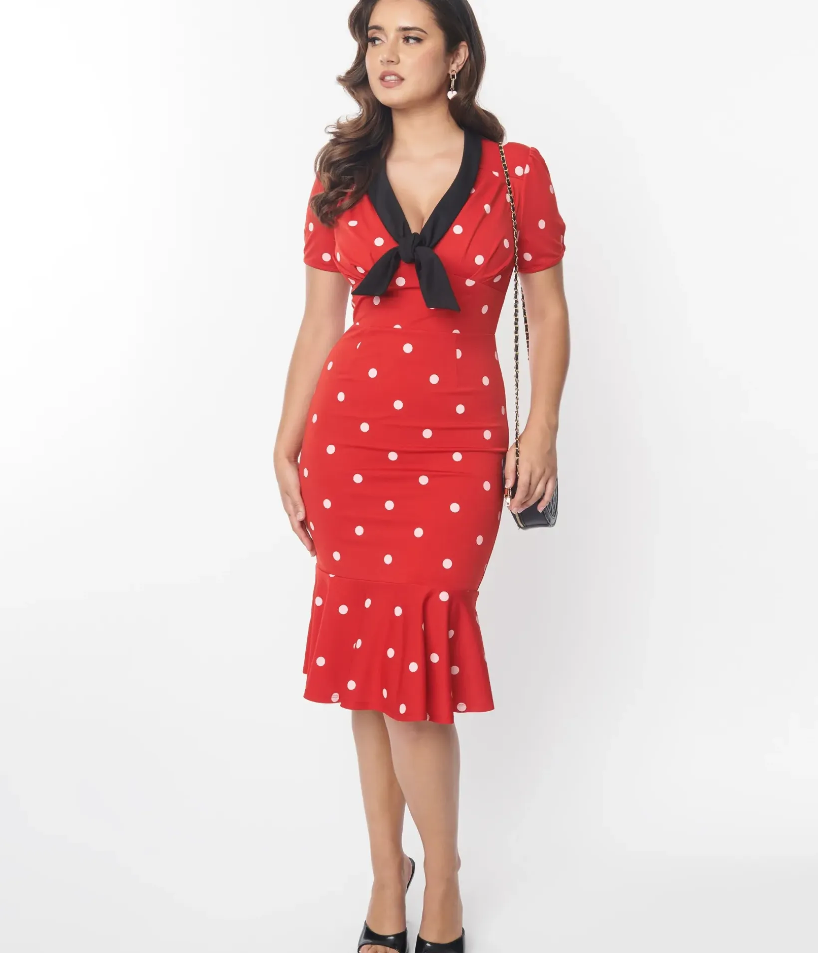 Unique Vintage Pencil|Everyday Dresses>Red & White Polka Dot Neck Tie Wiggle Dress