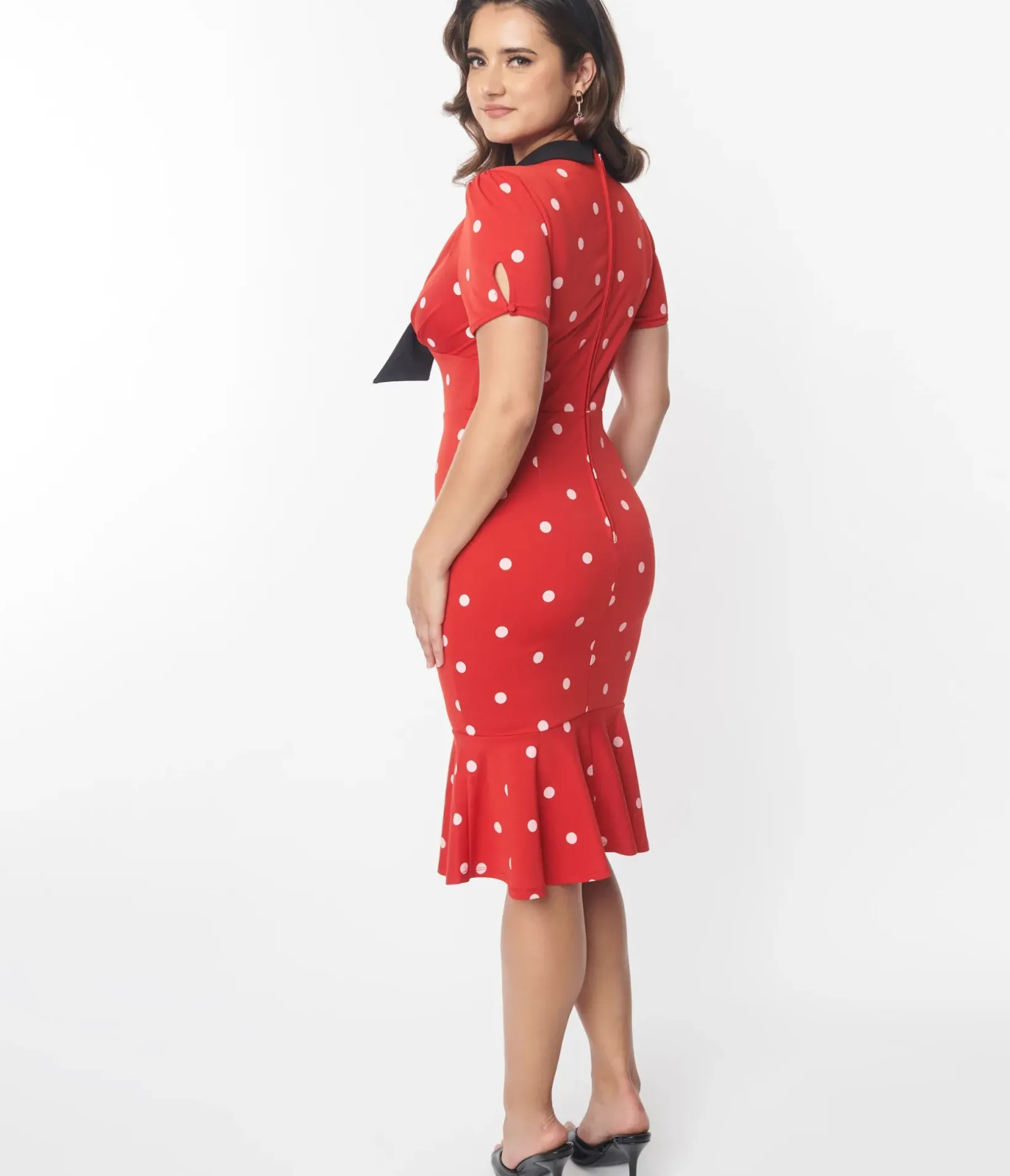 Unique Vintage Pencil|Everyday Dresses>Red & White Polka Dot Neck Tie Wiggle Dress