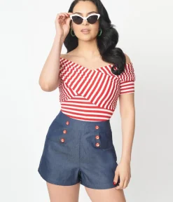 Unique Vintage All Things Red>Red & White Striped Off Shoulder Daydreamer Bodysuit