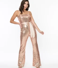 Unique Vintage Rompers & Jumpsuits>Rose Gold Sequin Flare Jumpsuit