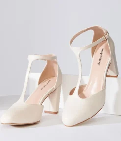 Unique Vintage Special Occasion|Heels>1920s Beige Leatherette T-Strap Astaire Pumps