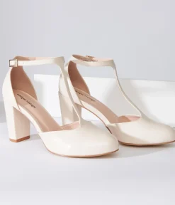 Unique Vintage Special Occasion|Heels>1920s Beige Leatherette T-Strap Astaire Pumps