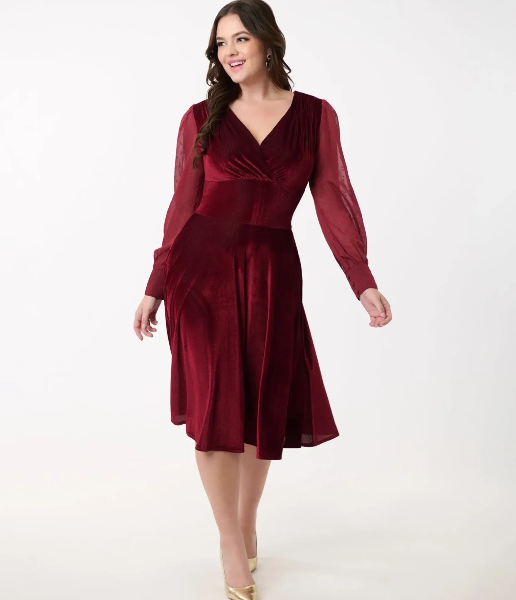 Unique Vintage Swing|Everyday Dresses>1950s Berry Velvet Sheer Sleeve Delores Swing Dress