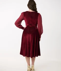 Unique Vintage Swing|Everyday Dresses>1950s Berry Velvet Sheer Sleeve Delores Swing Dress