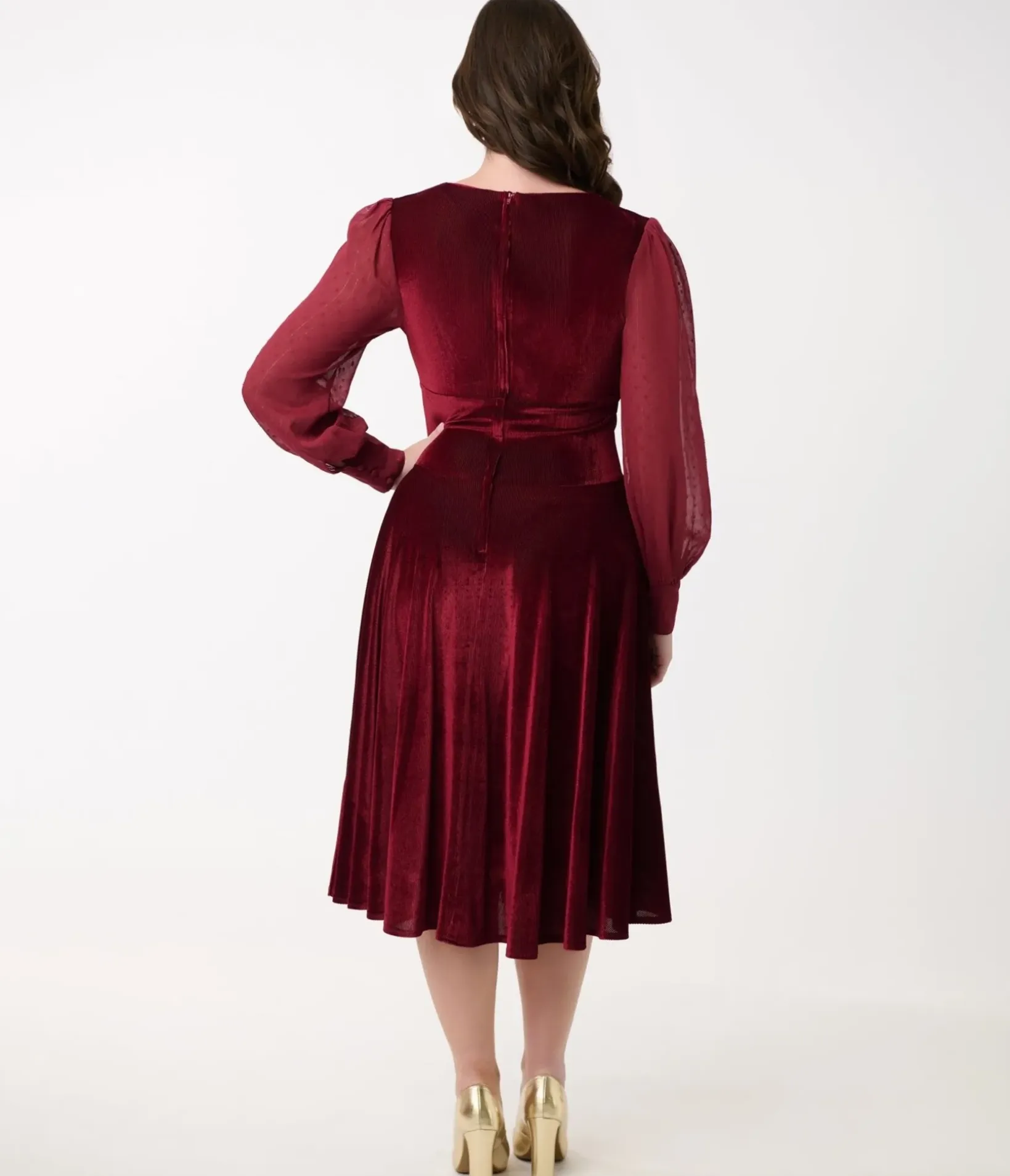 Unique Vintage Swing|Everyday Dresses>1950s Berry Velvet Sheer Sleeve Delores Swing Dress