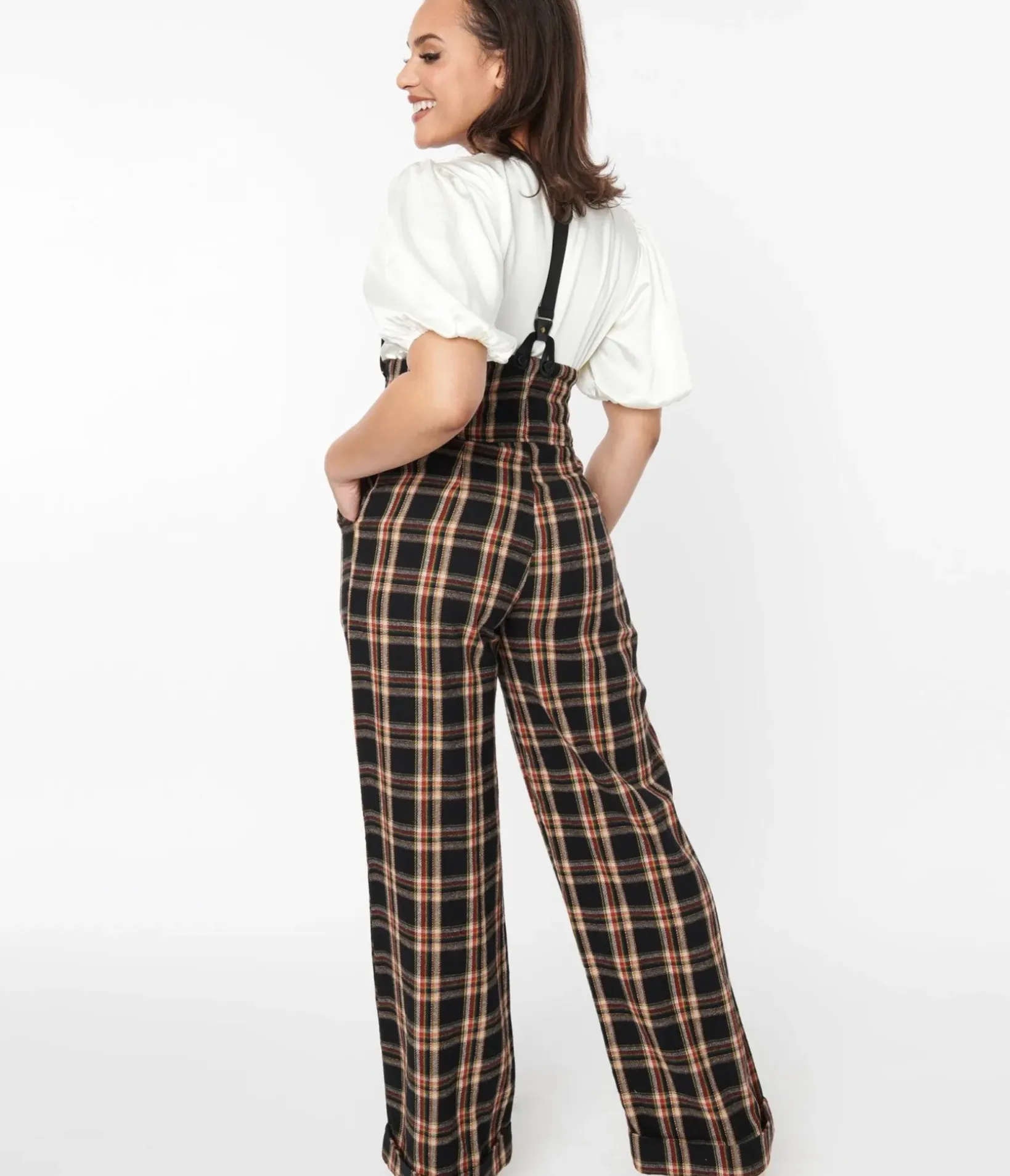 Unique Vintage Pants|Pants>1930s Black & Auburn Plaid Thelma Suspender Pants