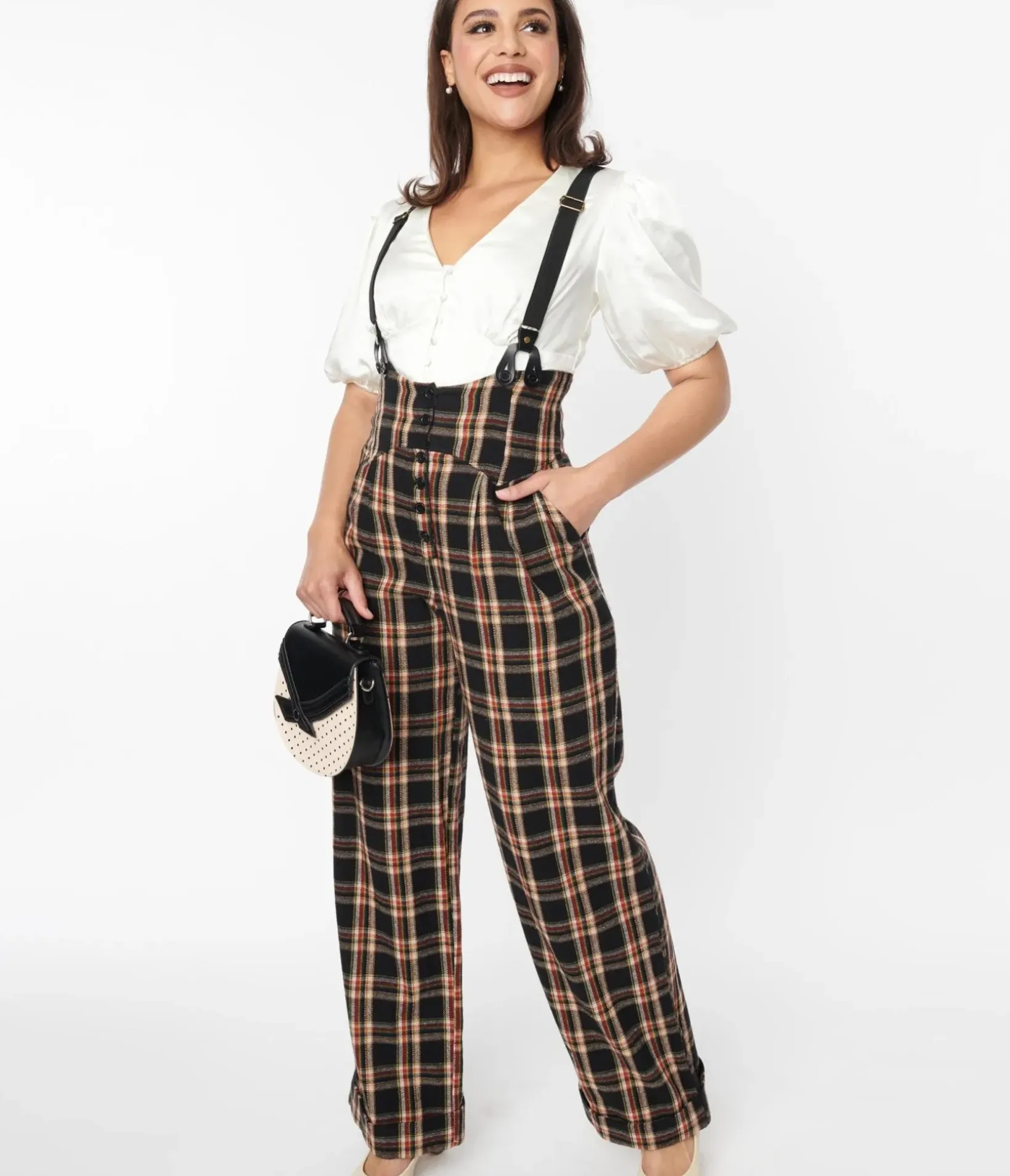 Unique Vintage Pants|Pants>1930s Black & Auburn Plaid Thelma Suspender Pants