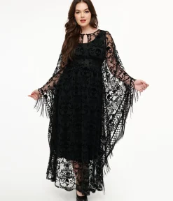 Unique Vintage Caftans|Caftans>1960s Black Baroque Skull Burnout Fringe Flutter Sleeve Caftan