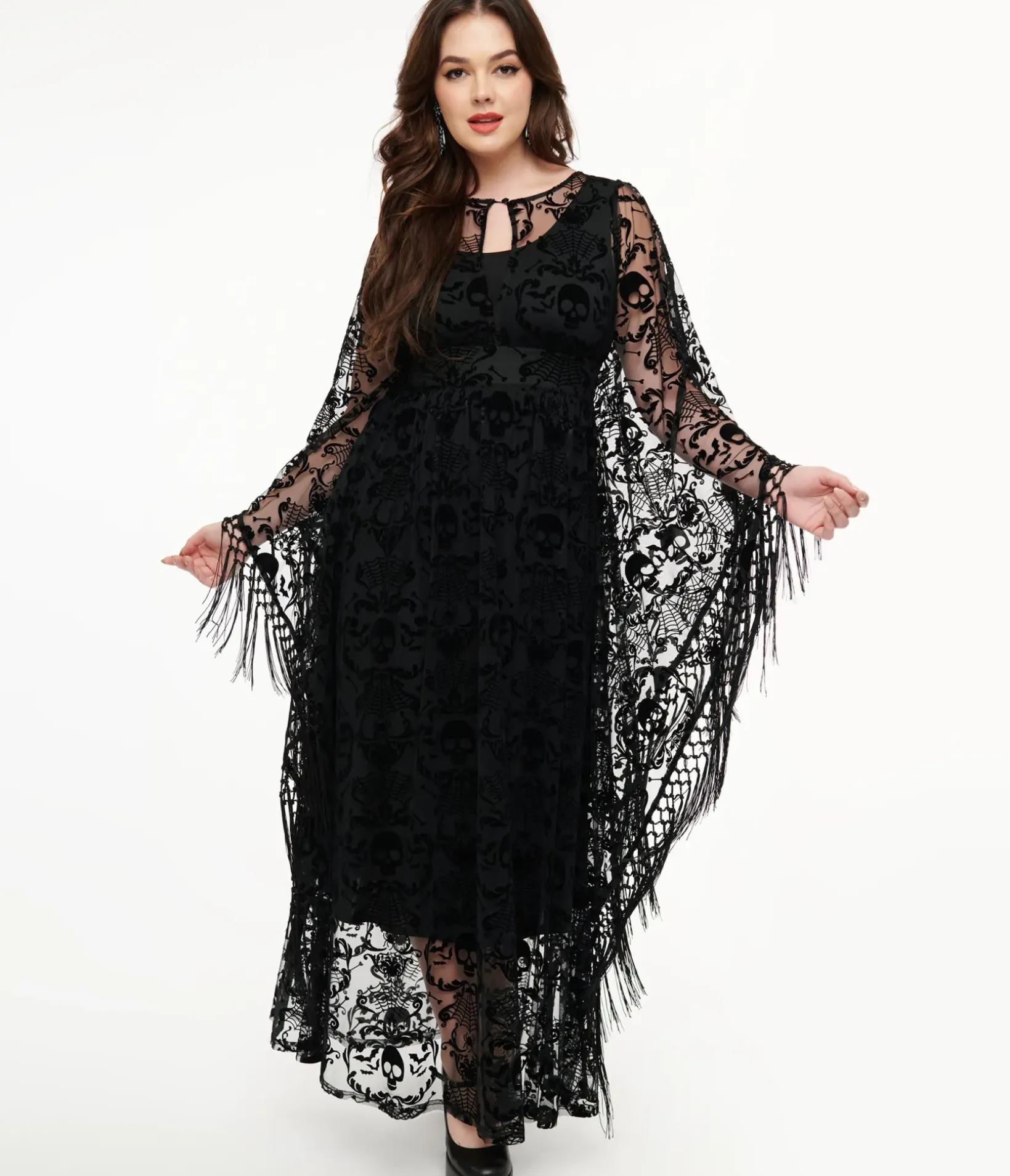 Unique Vintage Caftans|Caftans>1960s Black Baroque Skull Burnout Fringe Flutter Sleeve Caftan