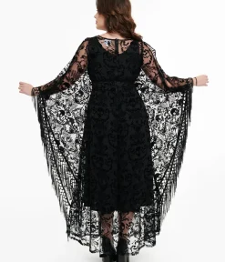 Unique Vintage Caftans|Caftans>1960s Black Baroque Skull Burnout Fringe Flutter Sleeve Caftan