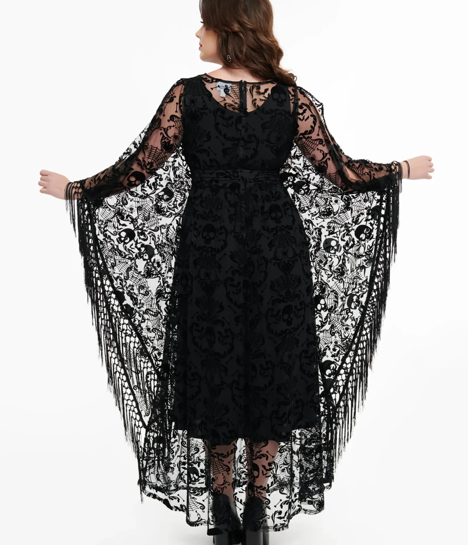 Unique Vintage Caftans|Caftans>1960s Black Baroque Skull Burnout Fringe Flutter Sleeve Caftan