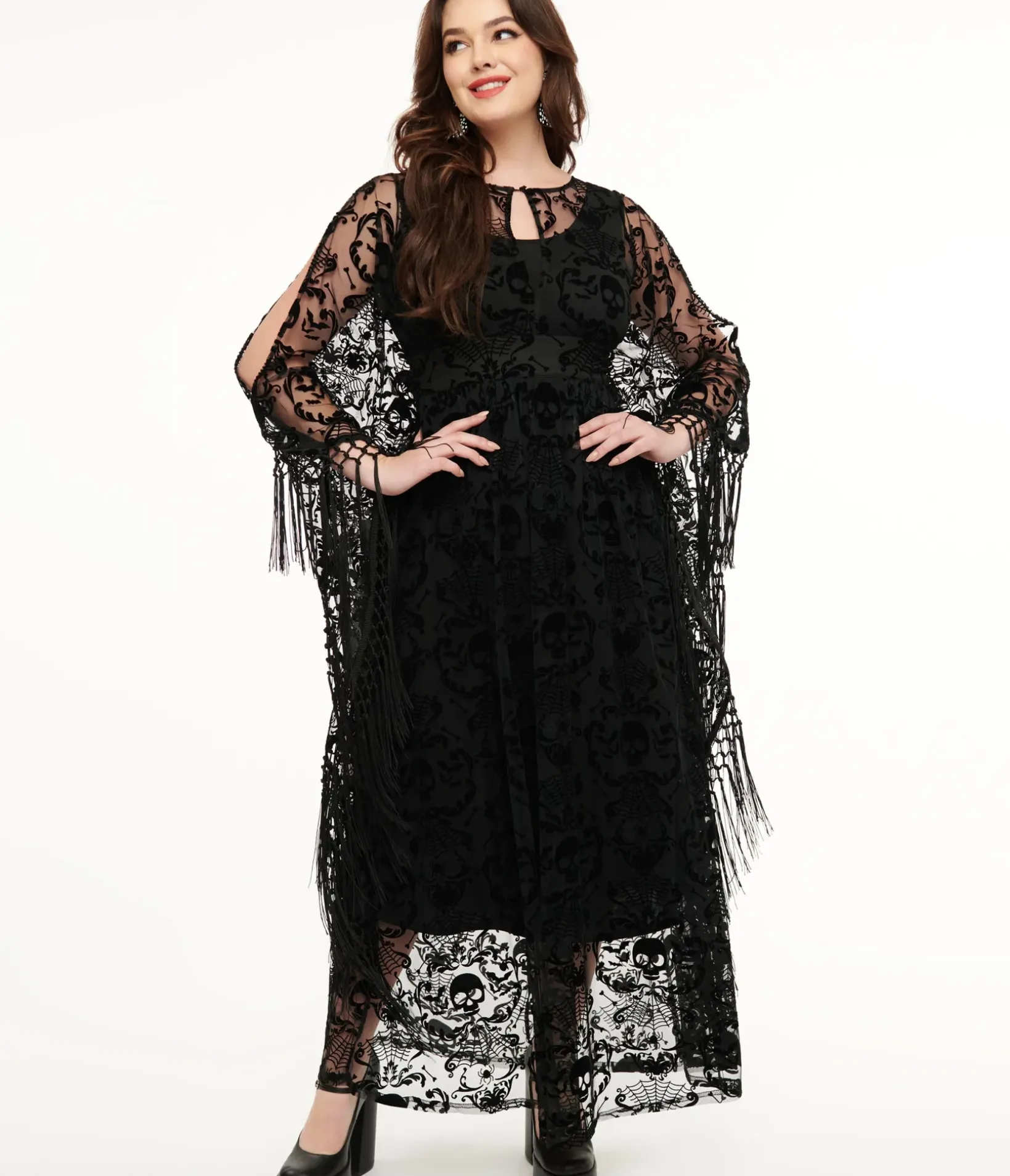 Unique Vintage Caftans|Caftans>1960s Black Baroque Skull Burnout Fringe Flutter Sleeve Caftan