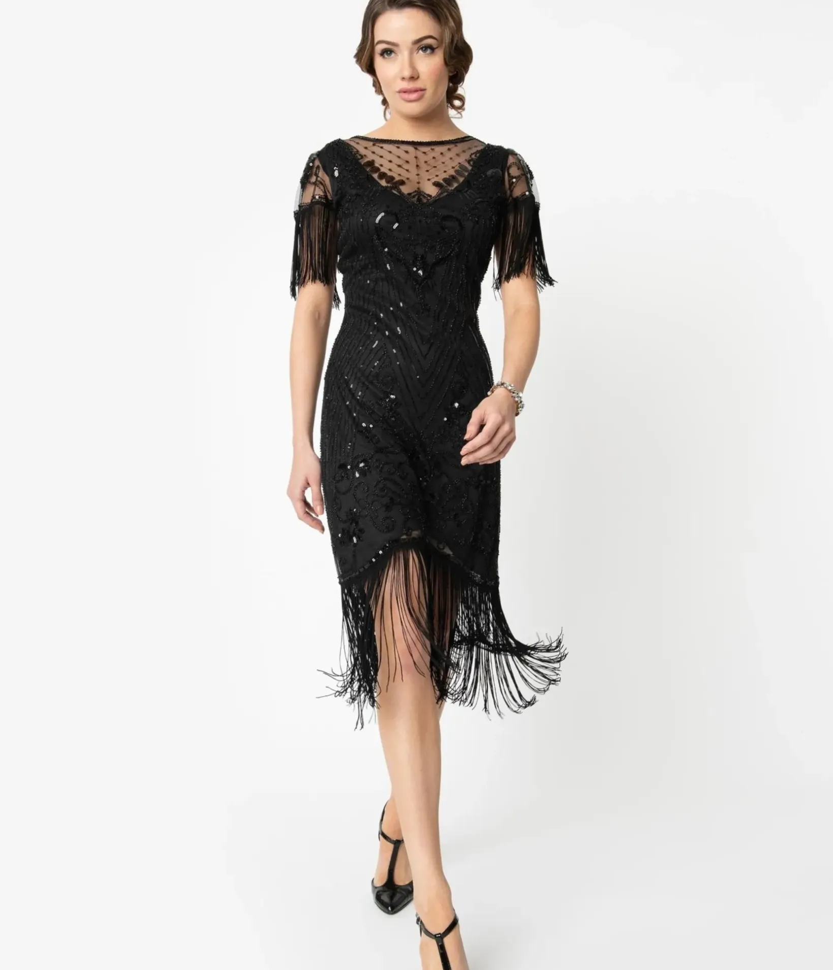Unique Vintage Everyday Dresses|Special Occasion>1920s Black Beaded Fringe Sleeve Nadine Flapper Dress