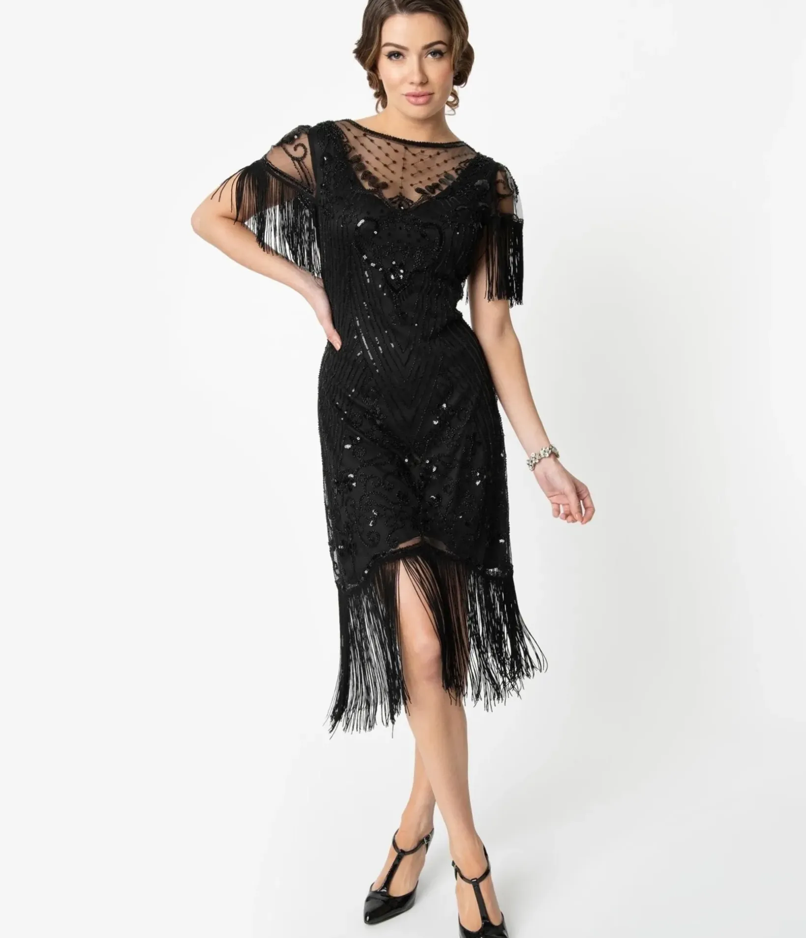 Unique Vintage Everyday Dresses|Special Occasion>1920s Black Beaded Fringe Sleeve Nadine Flapper Dress