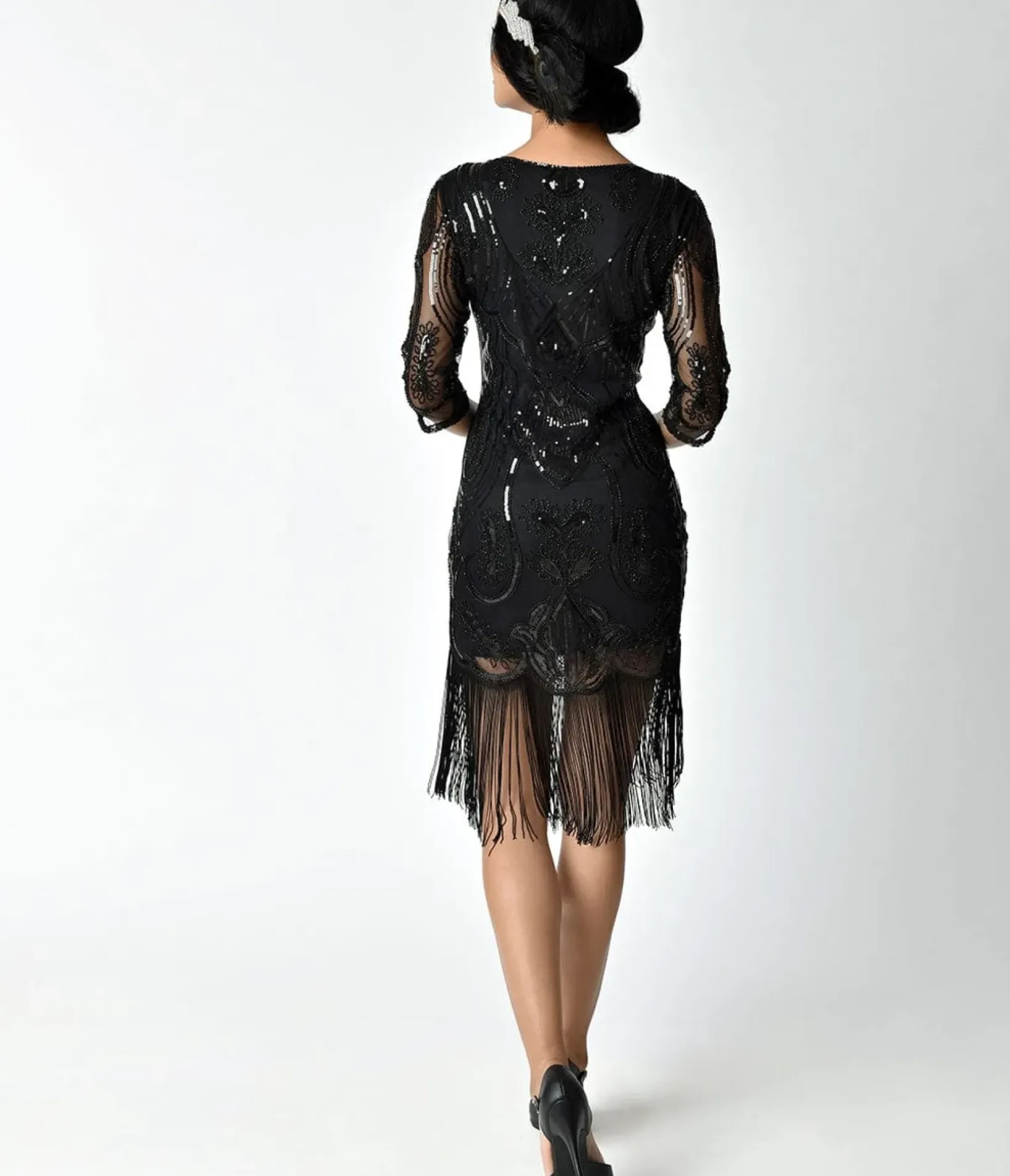 Unique Vintage Everyday Dresses|Special Occasion>1920s Black Beaded & Sequin Margaux Sleeved Fringe Cocktail Dress