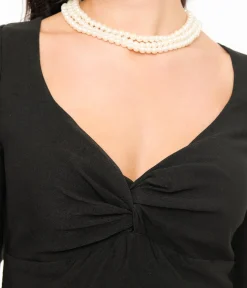 Unique Vintage Swing|Pocket Dresses>1950s Black Bengaline Front Twist Swing Dress
