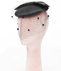 Unique Vintage All Things Black>1950s Black Bow Pillbox Fascinator Hat