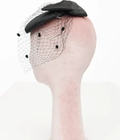Unique Vintage All Things Black>1950s Black Bow Pillbox Fascinator Hat